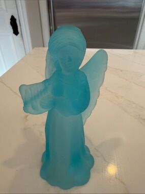 Blue Frosted Glass Angel Figurine 3D Effect made in Taiwan Vintage Holiday Decor